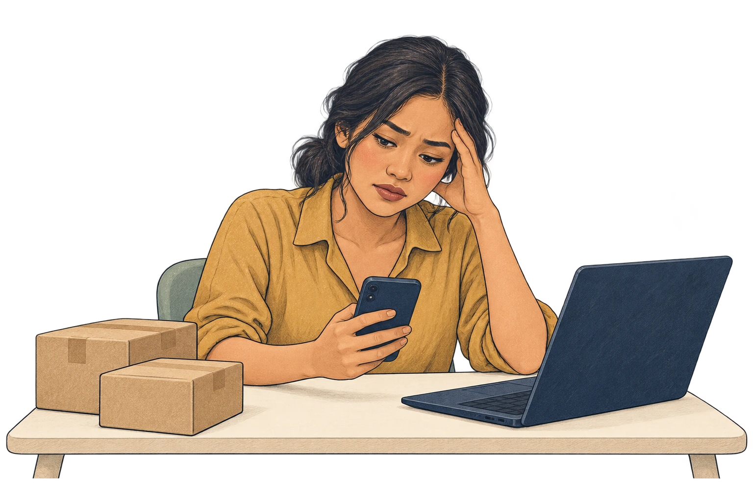 Ilustrasi perempuan pemilik usaha yang kewalahan membalas pertanyaan berulang di HP.