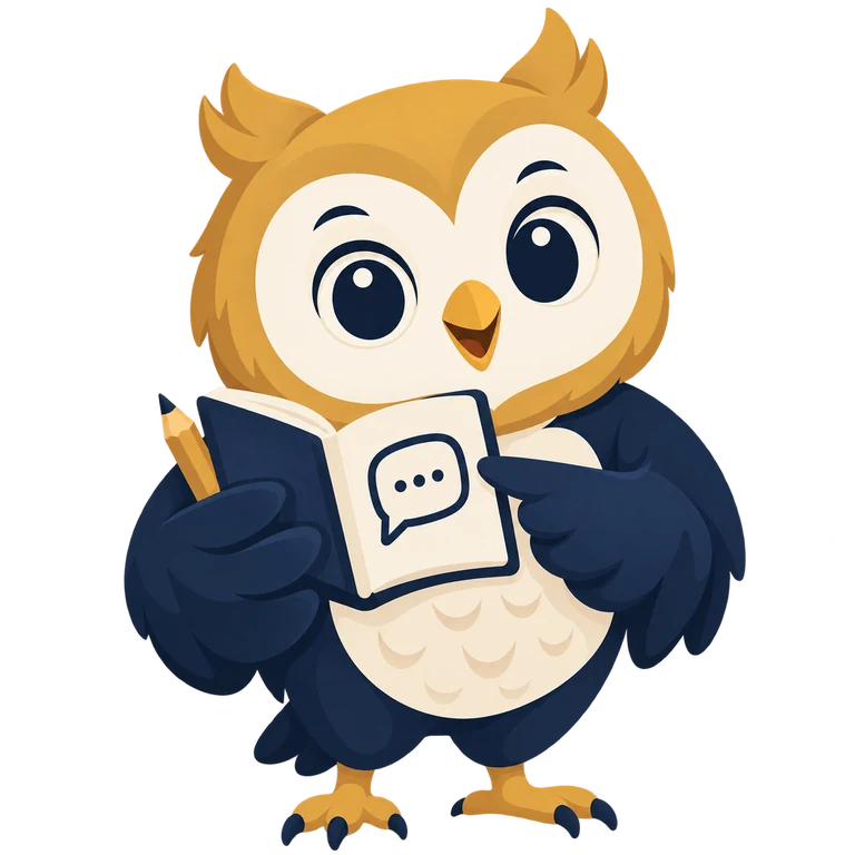 Maskot burung hantu OwlPips membawa buku panduan.